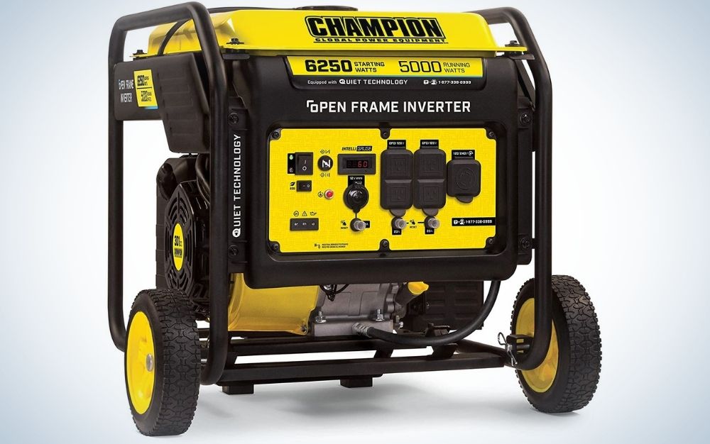 A large generator with a black and yellow brand champion, all connected to pipes and motors, and under two black and yellow wheels.