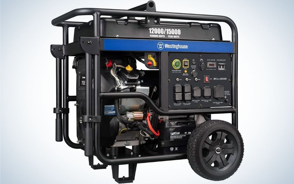A large black generator with a blue line all consisting of pipes and motor with interconnected connections, as well as from below with a black wheel.