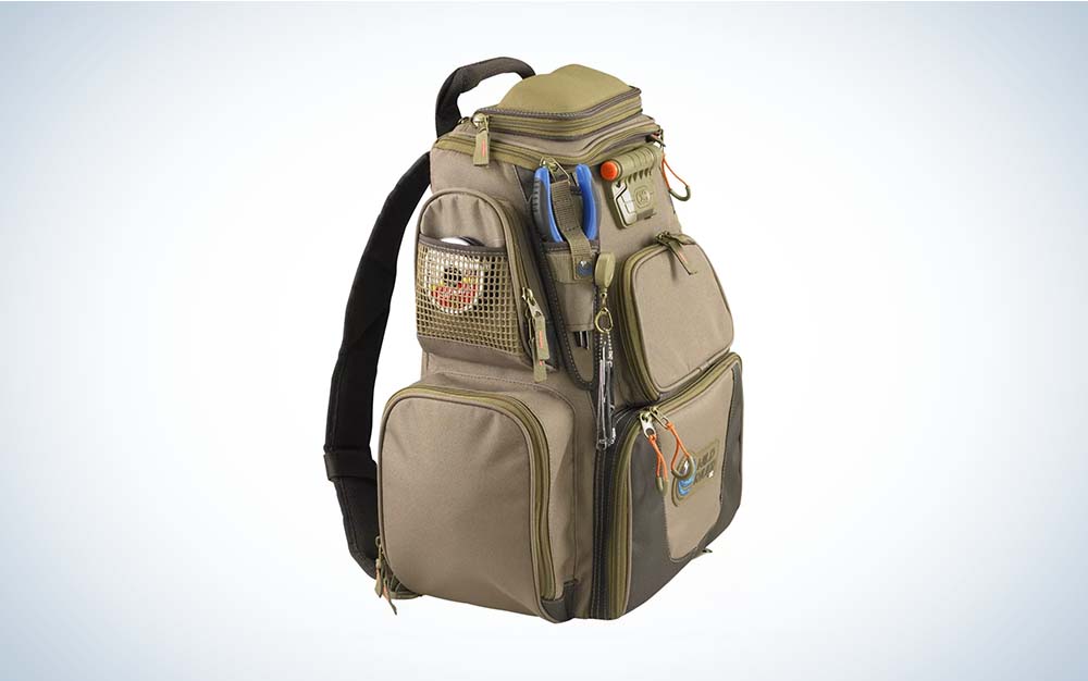 Tan angler backpack with ample pockets