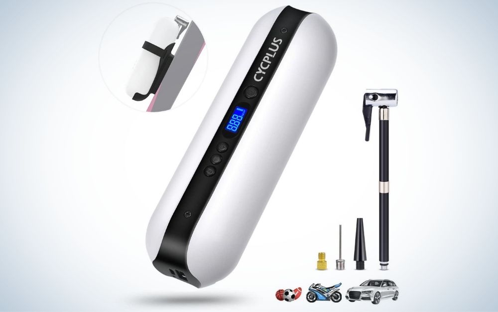 White and black, portable, rechargeable tire inflator