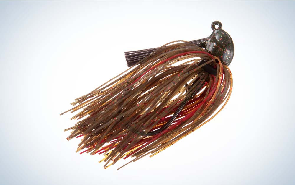 A red and brown Strike King Hack Attack Jig