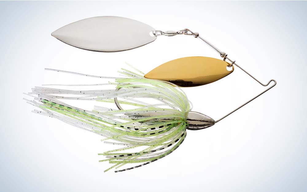 A green, white, and yellow War Eagle Screamin' Eagle Spinnerbait lure