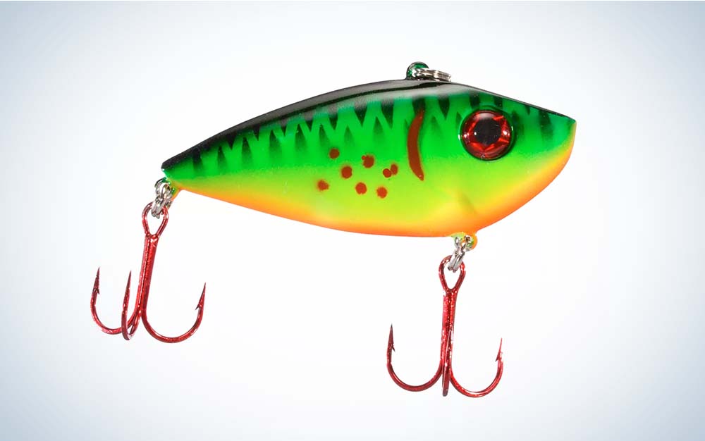 A green and red Strike King Red Eye lure
