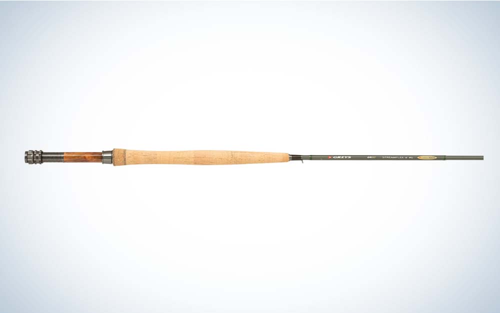 A black Greys GR80 fishing rod with a cork handle
