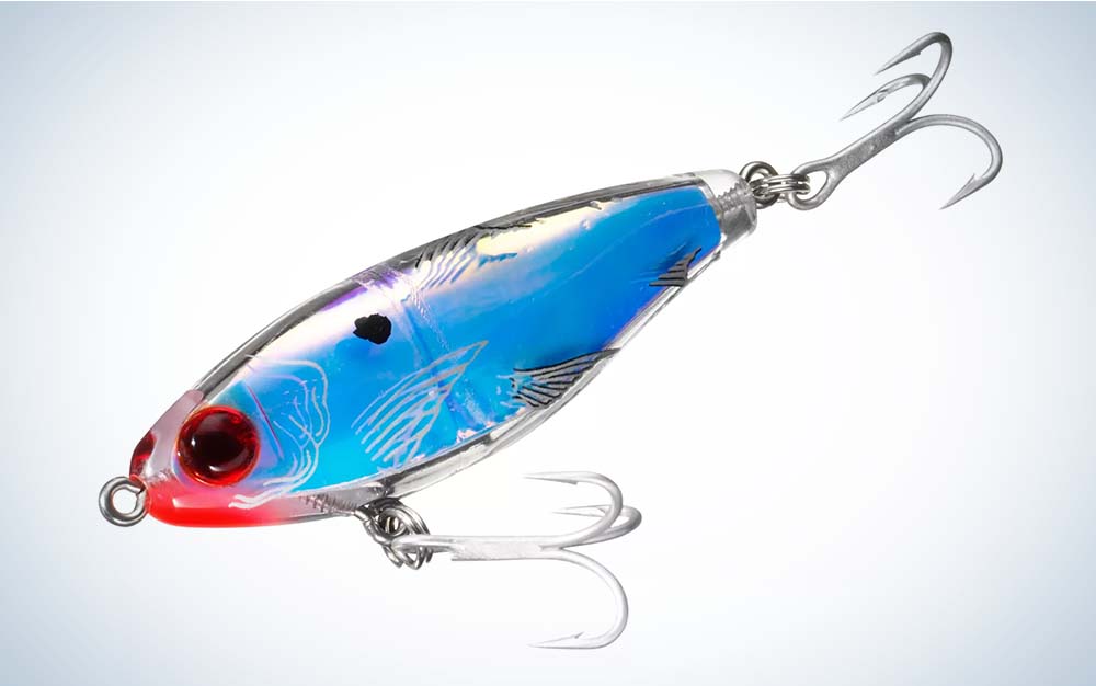 A red and blue fish-shaped lure