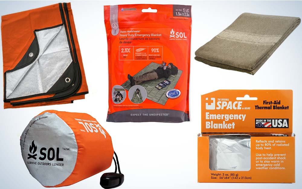 A collage of five emergency blankets