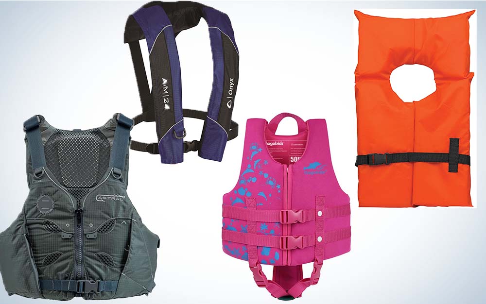 A collage of four life vests
