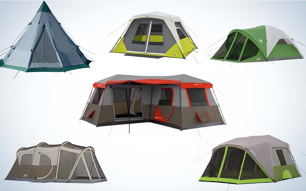 A collage of six family-sized tents