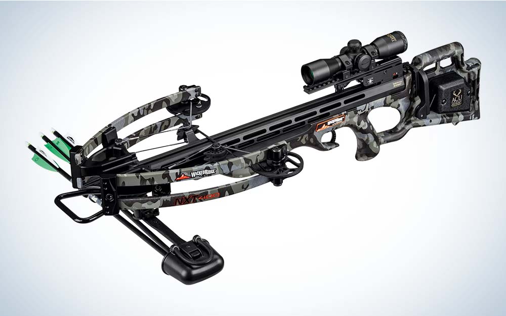 A black crossbow with black and green arrows attached to the front