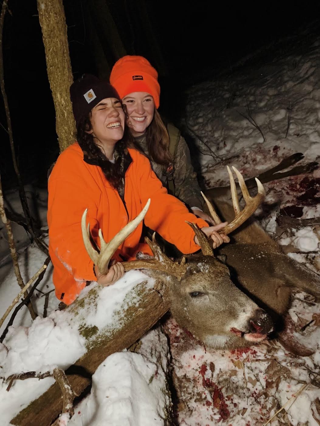 Tears of joy for a great buck that was well-earned. Greta with some help from her cousin CeCe Johnson are overcome with joy.