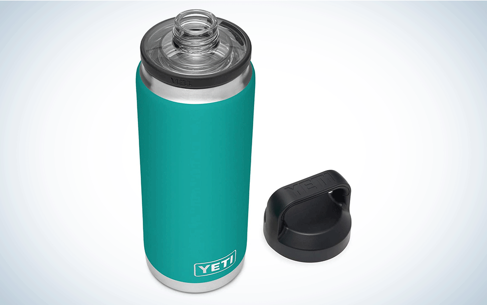 A teal metal water bottle with a plastic cap