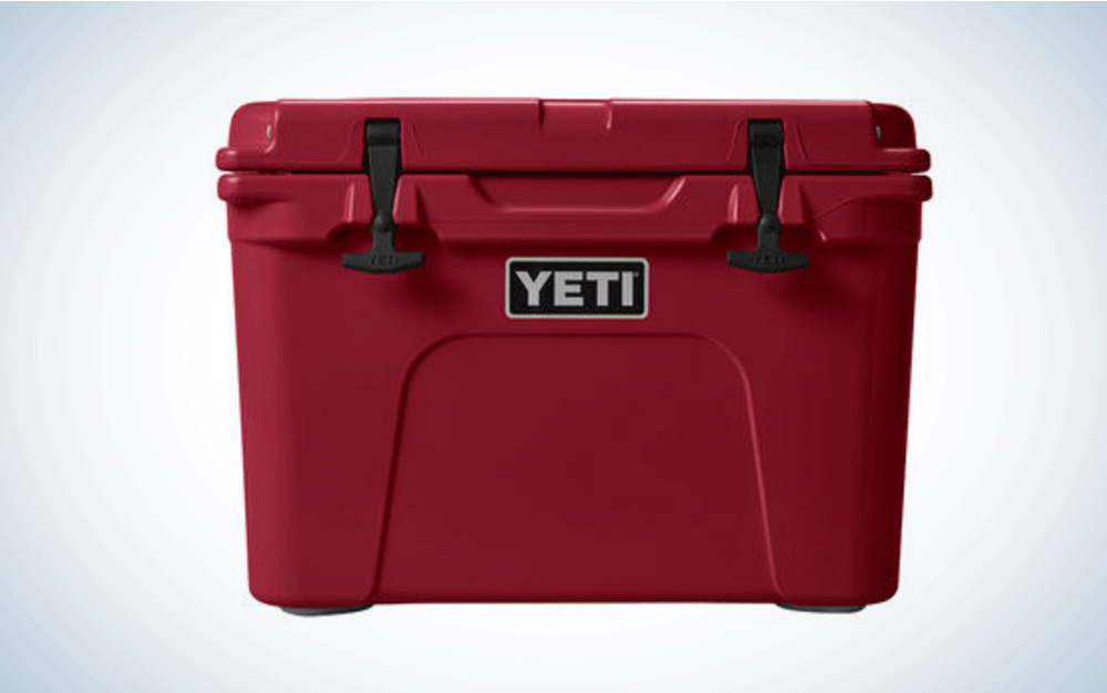 A large red YETI cooler