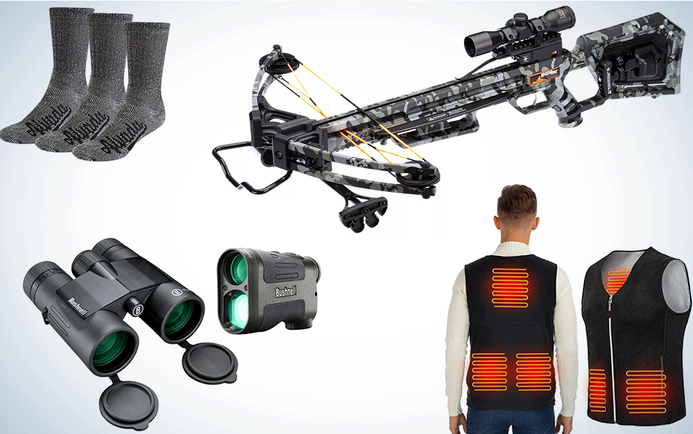 A collage of a heated vest, crossbow, binoculars, a range finder, and three socks