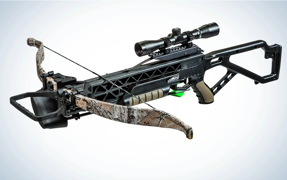 A black and camo crossbow