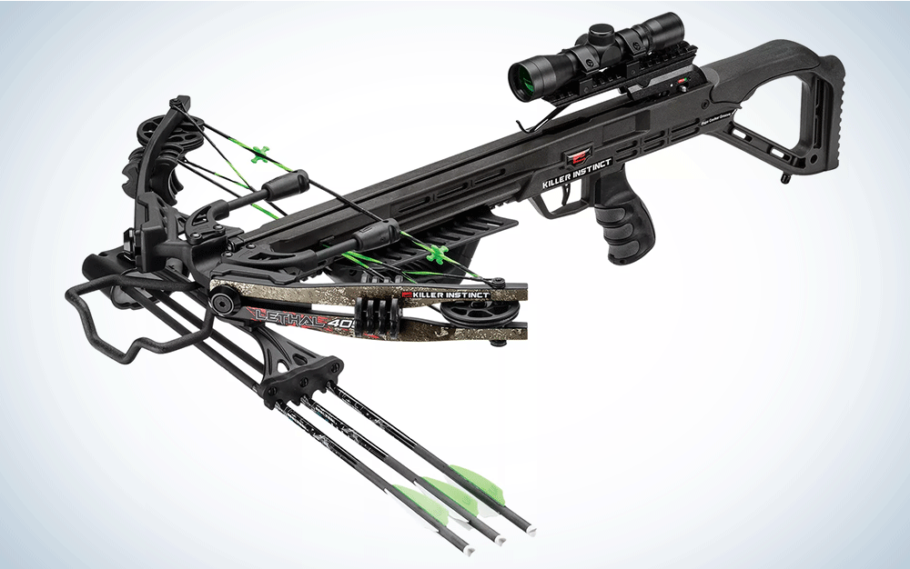 A black crossbow with green arrows