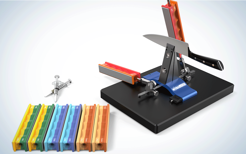 A multi-colored knife sharpening kit