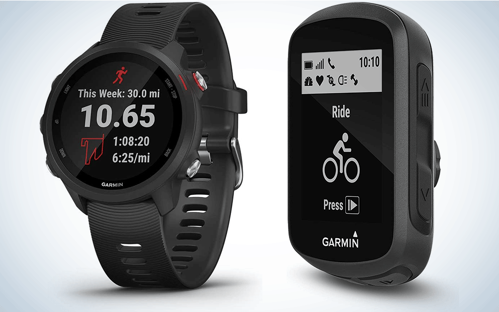 A black GPS watch and a black bike computer
