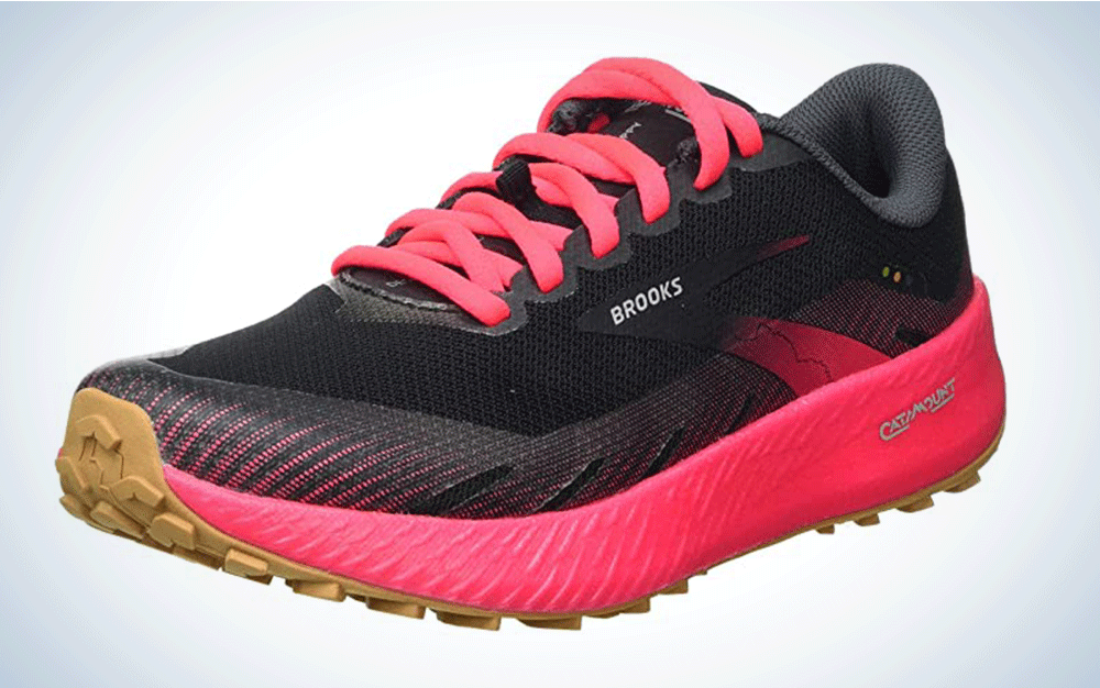 A black and pink running shoe