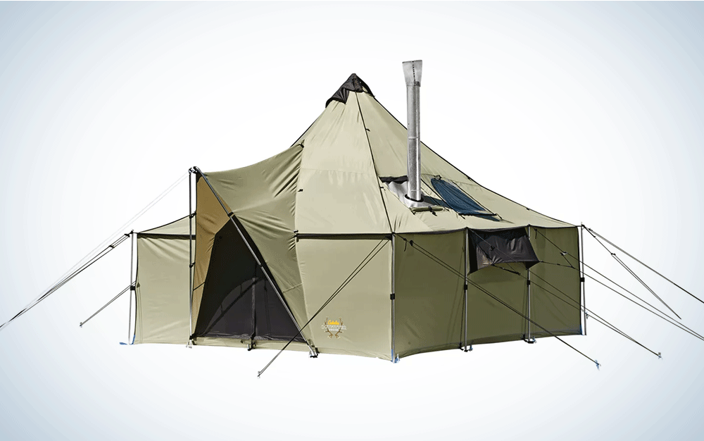 A green 10 by 10 foot tent with a chimney