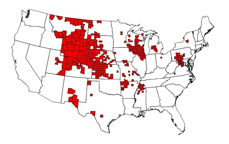 CDC map of CWD-affected areas in the continental United States