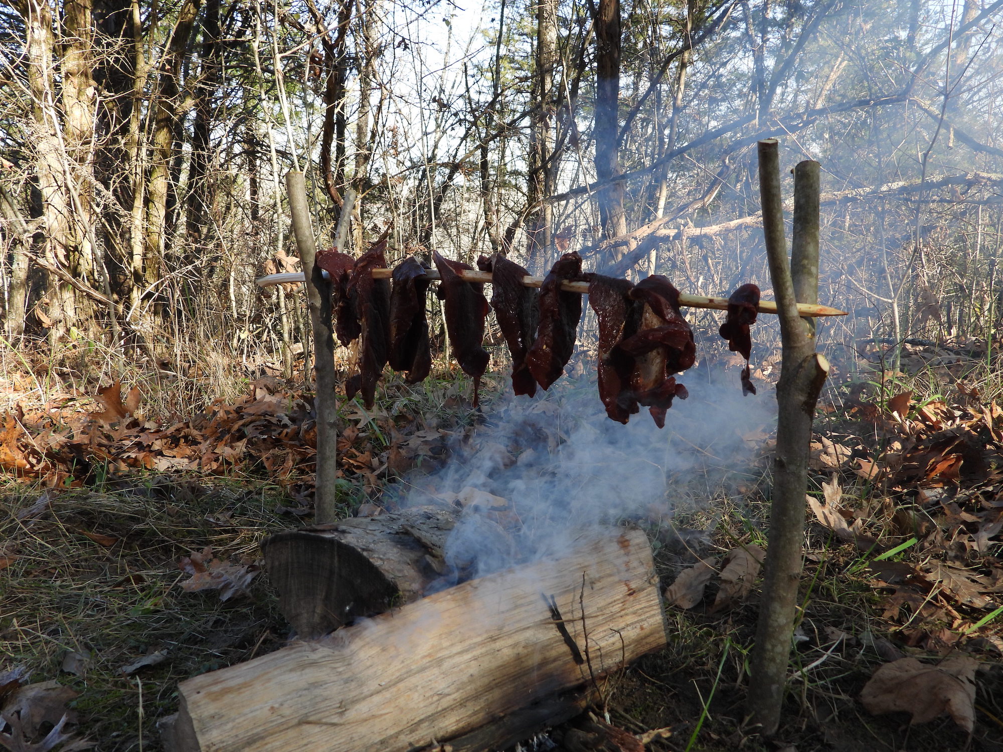 Strips of meat smoking over a fire