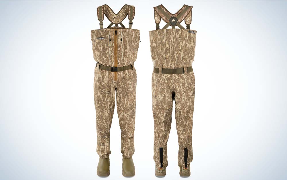 Both sides of the most durable waders in a light tan