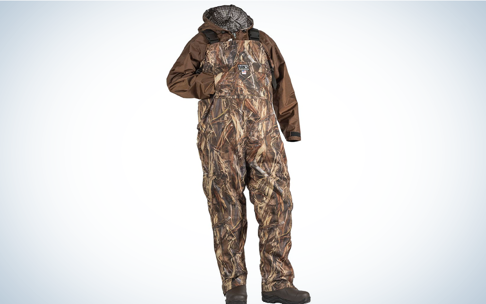 A brown pair of one of the best waders for duck hunting with a brown jacket