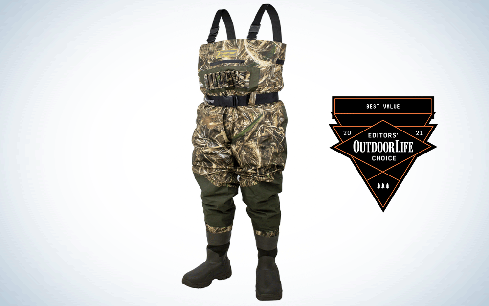 The best value duck hunting waders in camo with black boots and a black belt