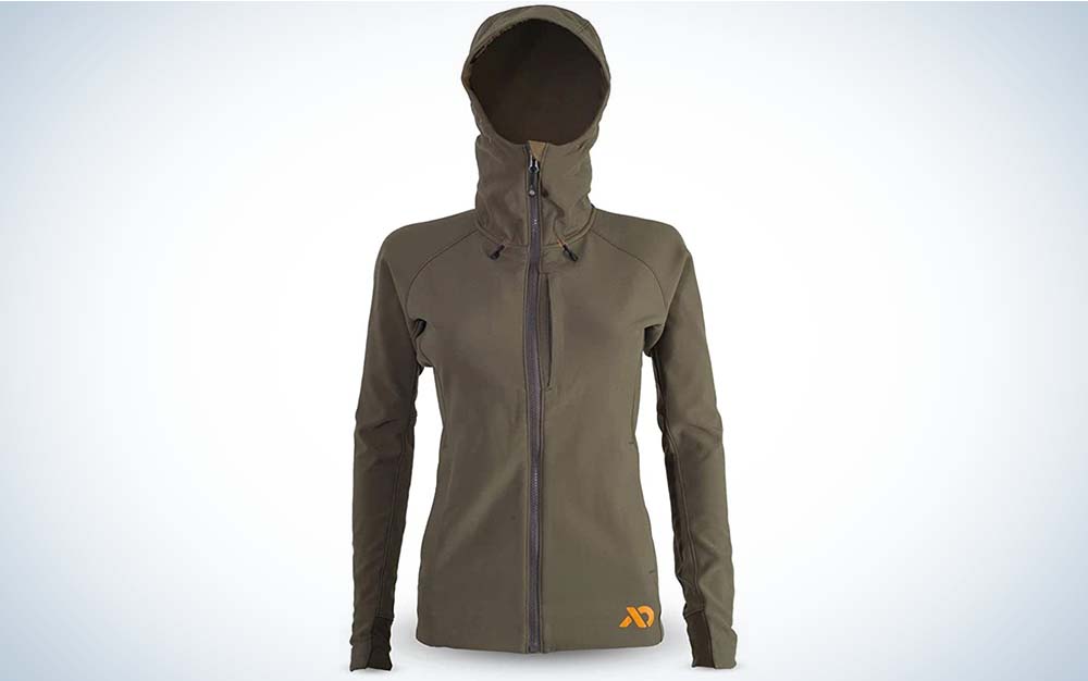 A green zip-up hooded jacket that's one of the best women's hunting jackets