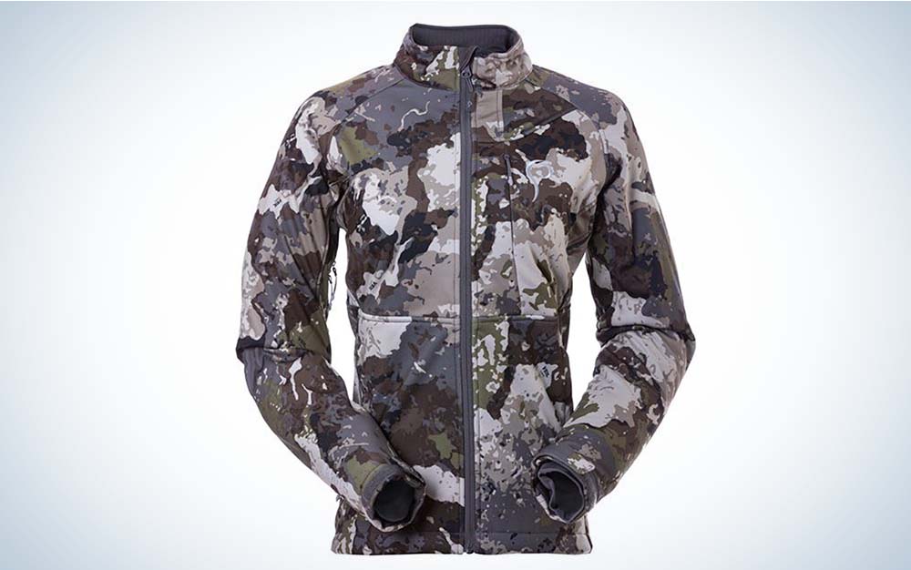 A grey camo jacket that's the best women's hunting jacket for hand warmth