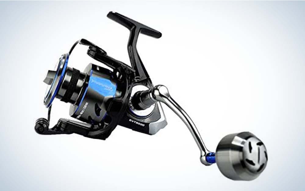 A black and blue spinning reel
