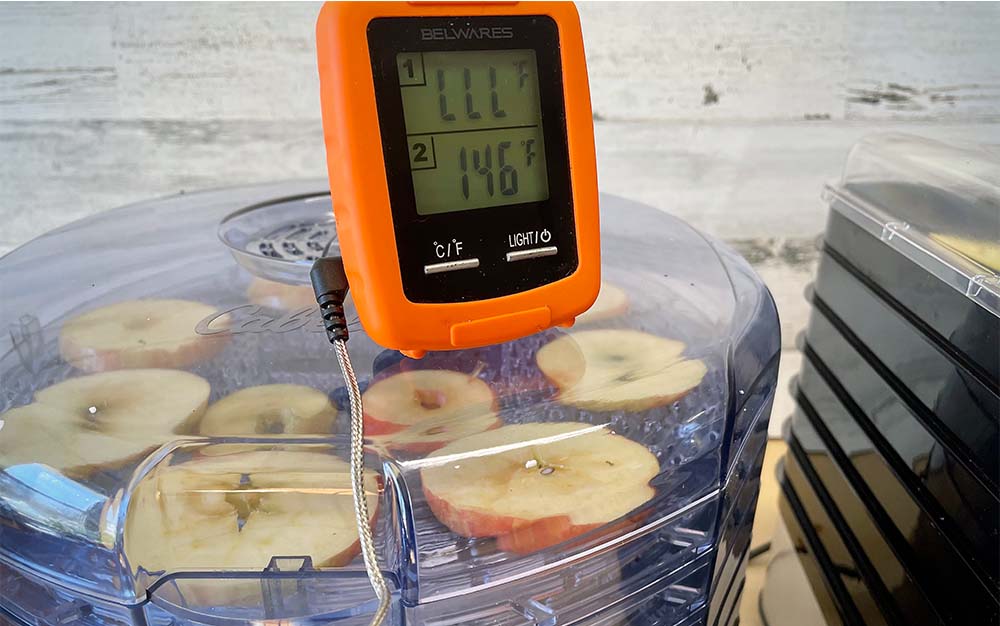 An orange thermometer on top of the best budget dehydrator