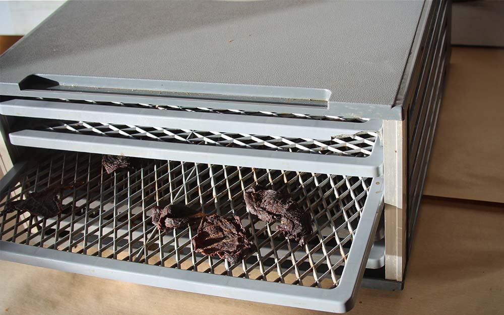 A silver cabinet-style dehydrator with trays holding jerky
