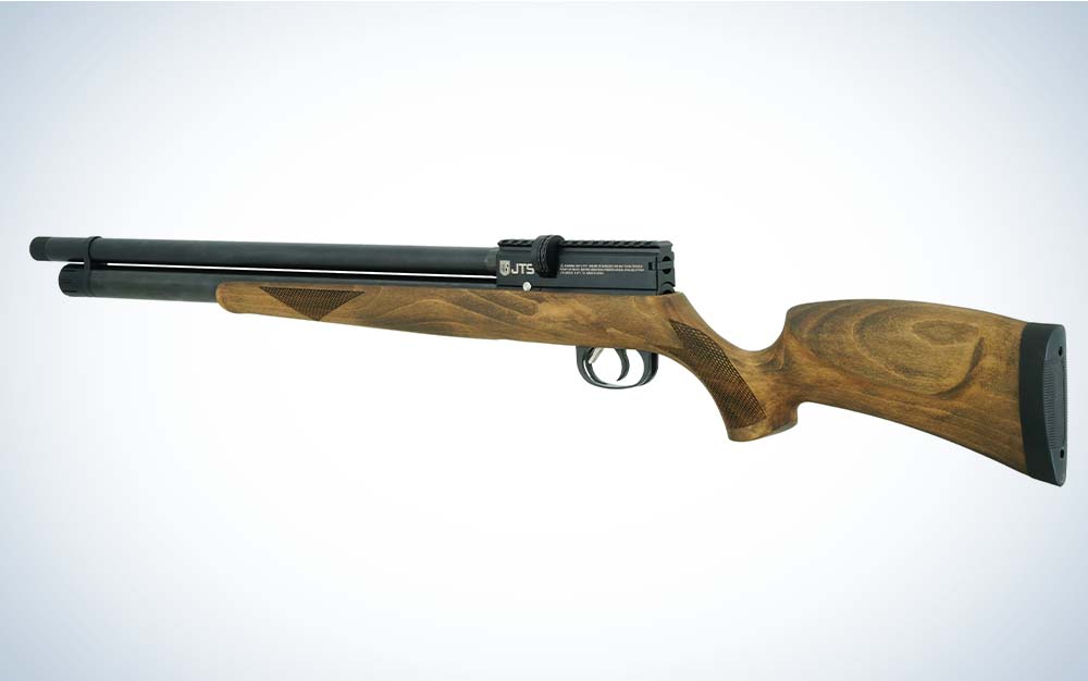 A brown wood and black airgun