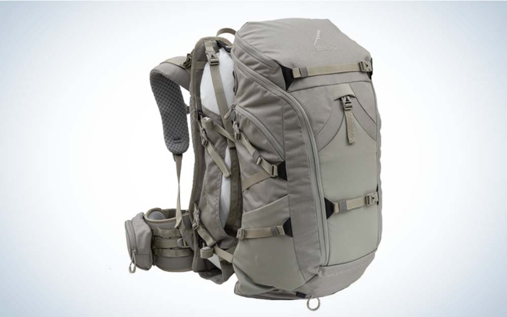 A grey backpacking backpack