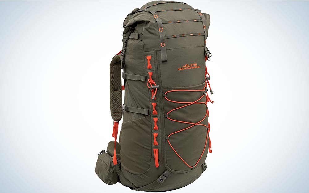 A green rolltop backpacking backpack