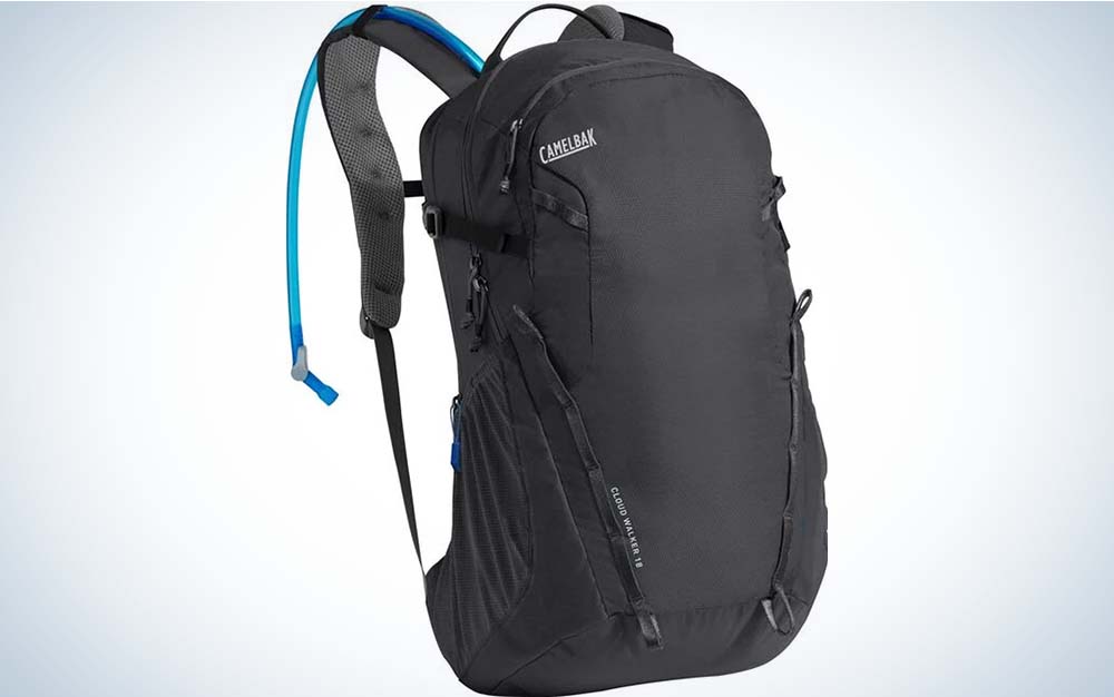 A small black hydration hiking backpack