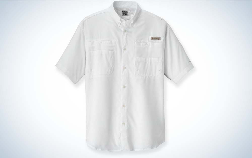white button down Colombia fishing shirt
