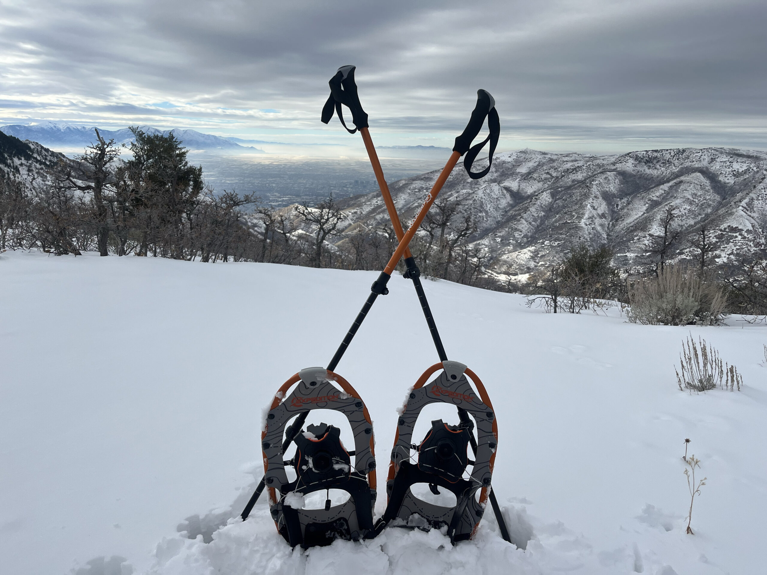 Expedition snowshoes and poles sit in the snow.