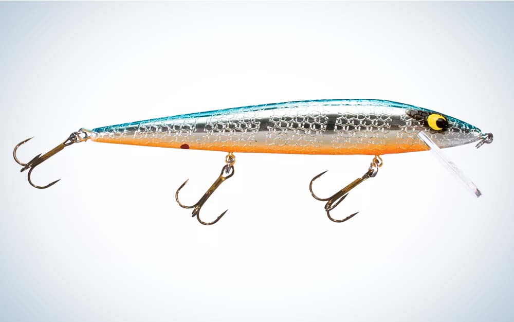 A silver, blue, and orange lure, one of the best trout lures