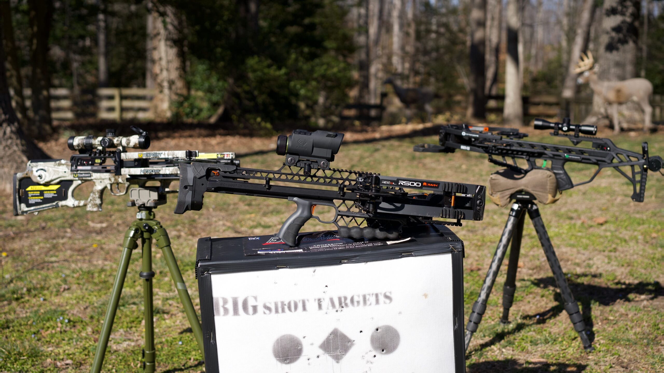 The best crossbows, the tenpoint nitro 505, ravin r500, and centerpoint wrath 430 displayed