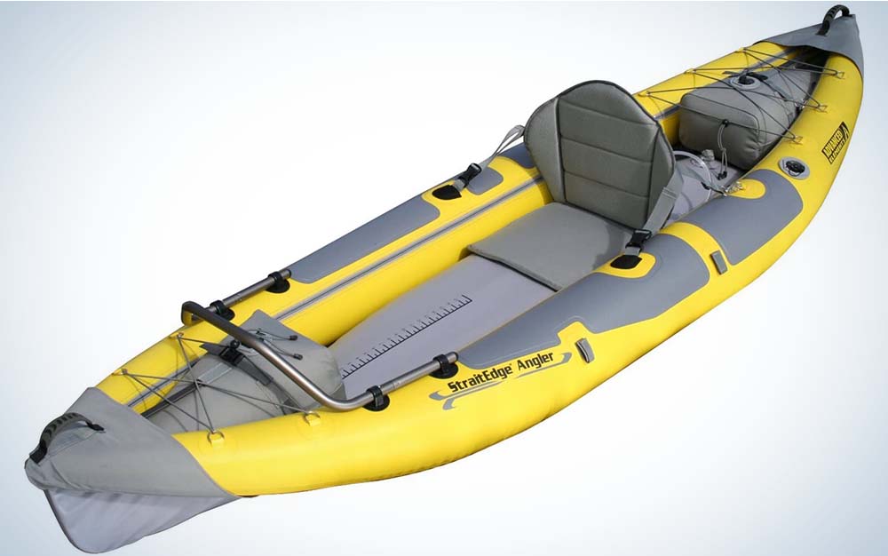 A yellow and grey inflatable best fishing kayak under $1,000