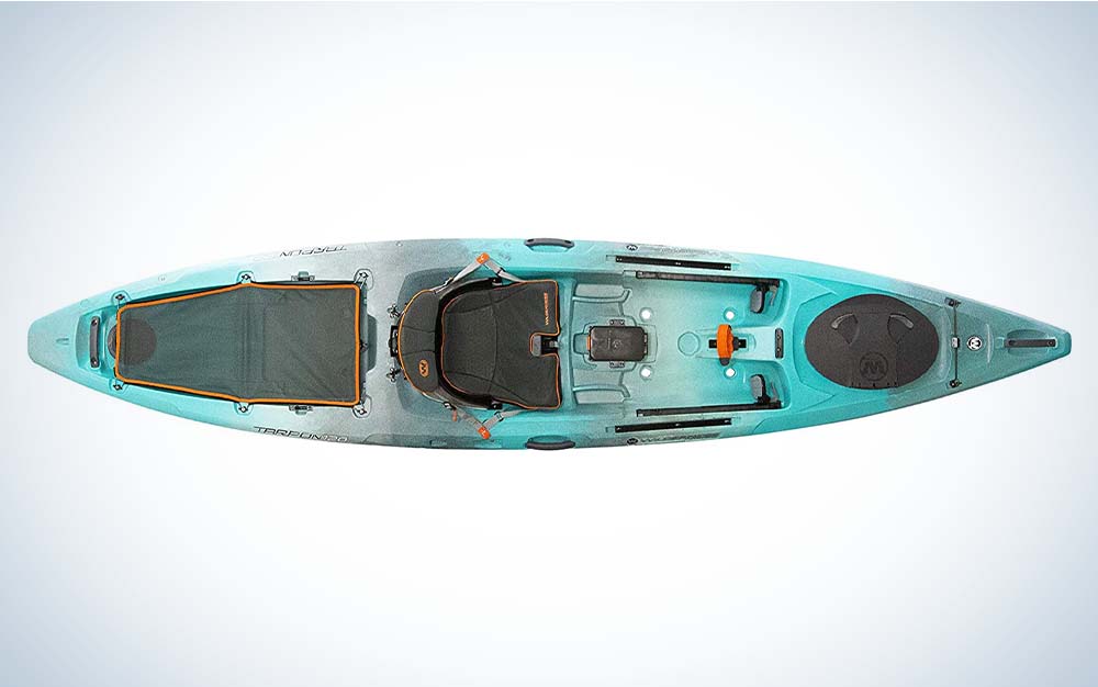 A blue and white best fishing kayak under $1,000