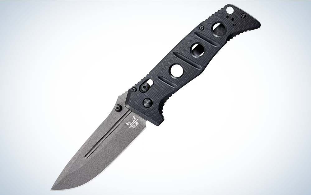 A silver best folding knife with a black handle