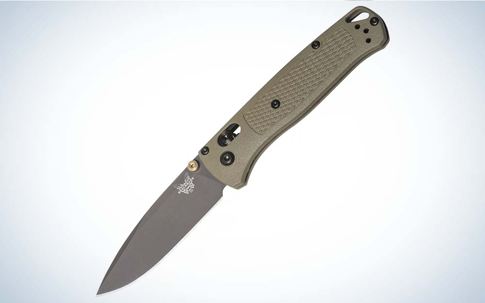 A grey best folding knife with a grey handle