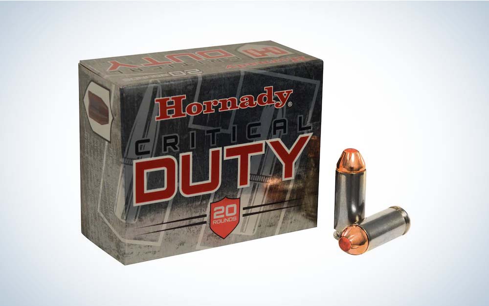 A box of Hornady Critical Duty 10mm ammo