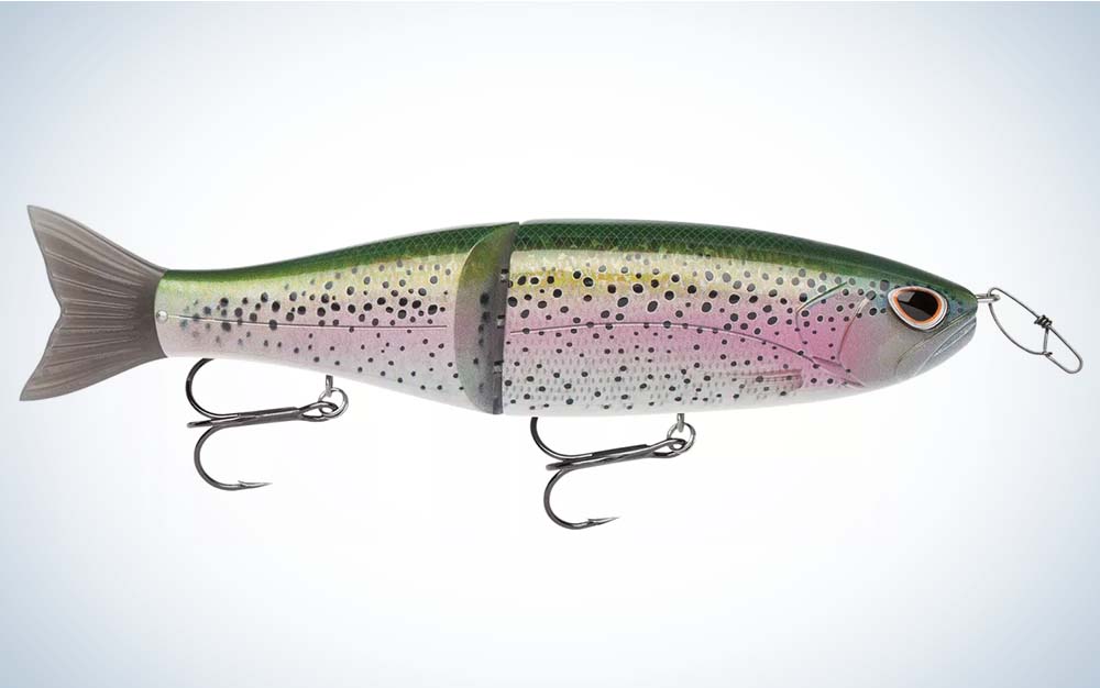 A silver, pink, and green best swimbait