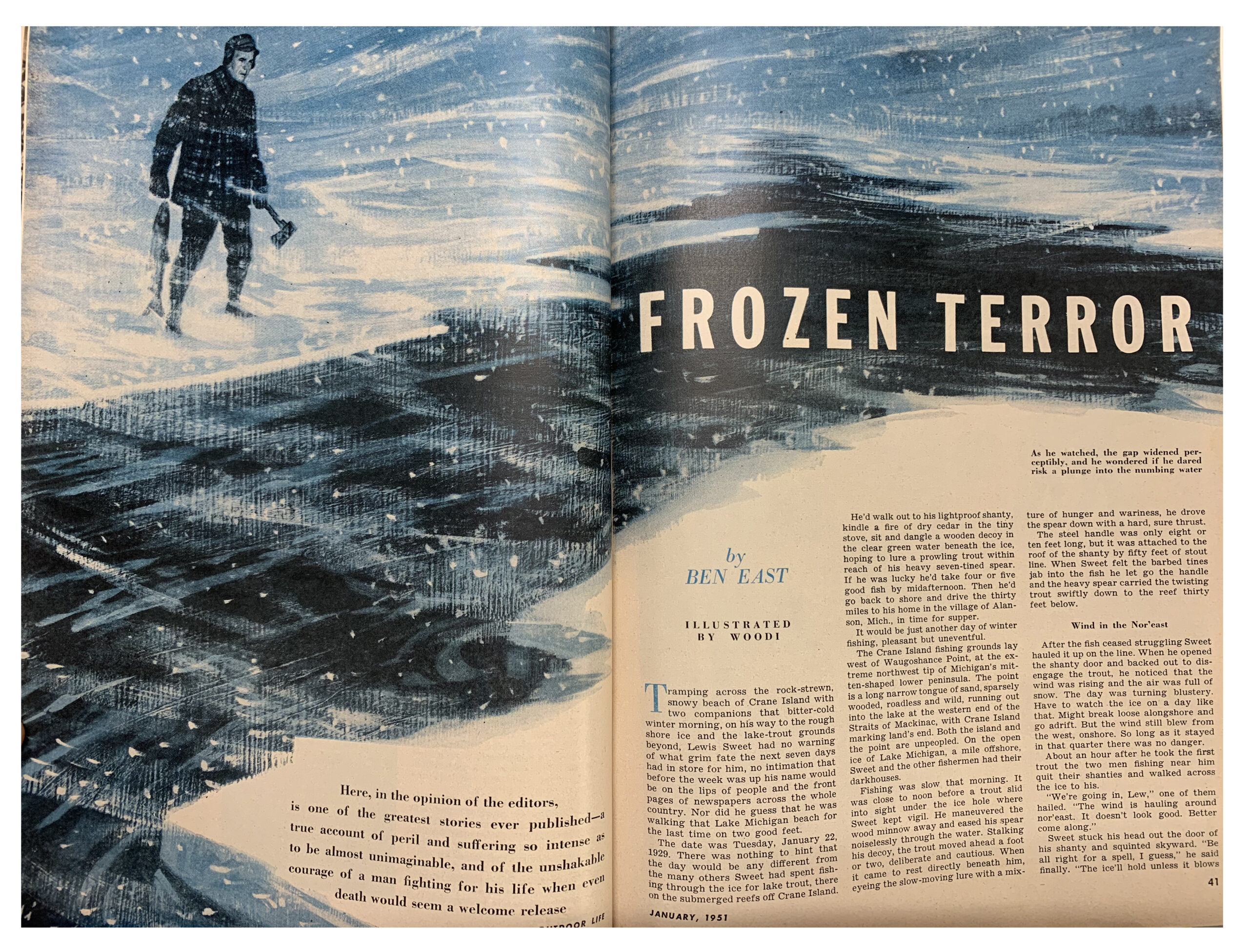 An ice fisherman watches the ice break off in the January 1951 Outdoor Life story, Frozen Terror.
