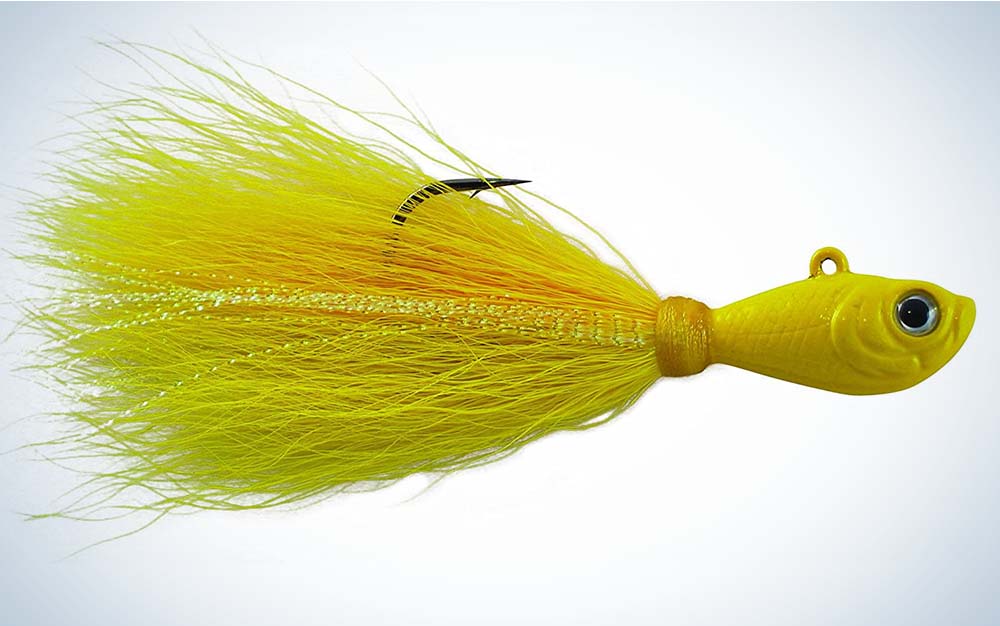 A yellow best saltwater lure with a tail