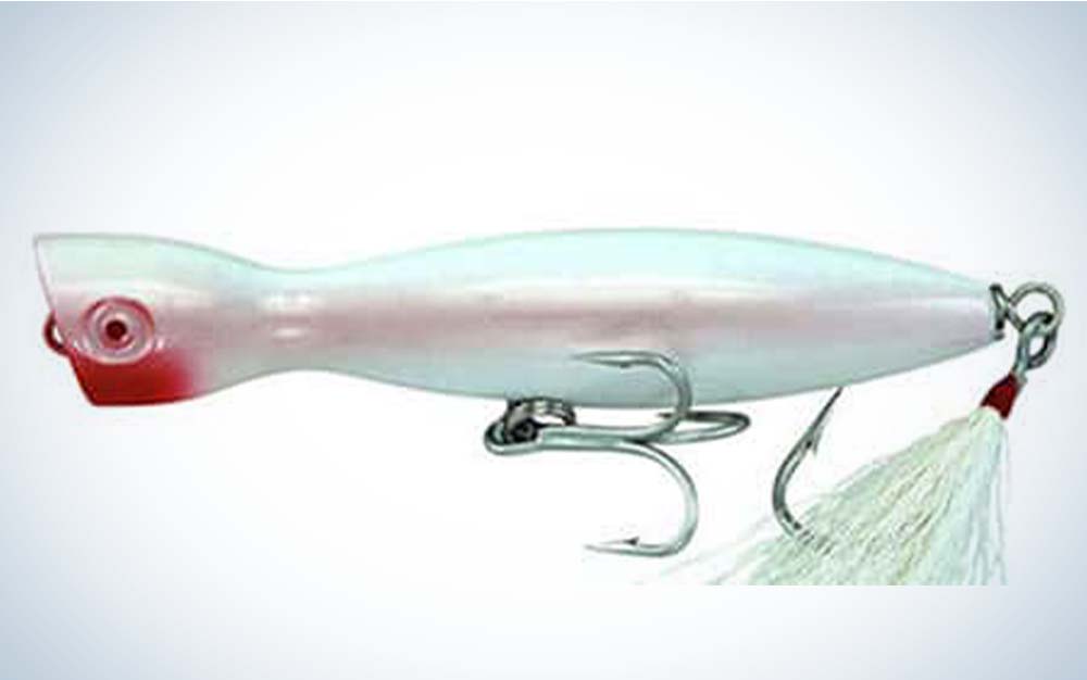A white and pink best striped bass lure